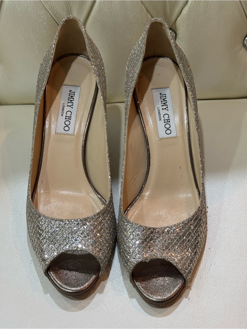 Jimmy Choo Isabel Glitter Peep-Toe Pumps in Sparkling Champagne